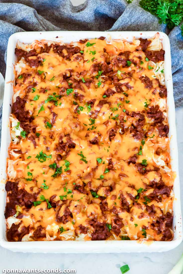 creamy beef noodle casserole topped with cheese