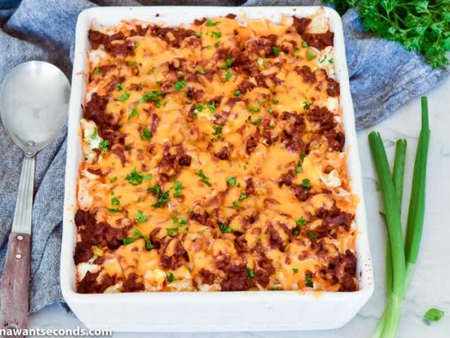 Beef Noodle Casserole topped with cheese