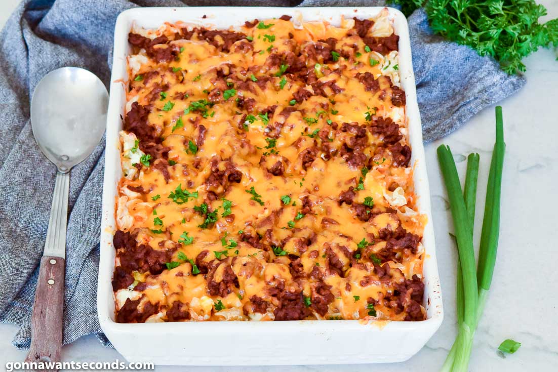 Beef Noodle Casserole topped with cheese