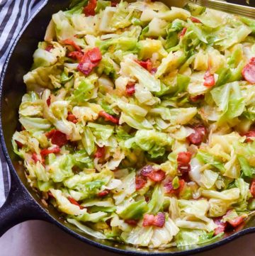 Fried Cabbage and Bacon in a cast iron skillet