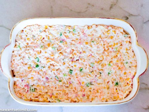 How to make Hot Corn Dip, spread in a casserole dish ready to be baked