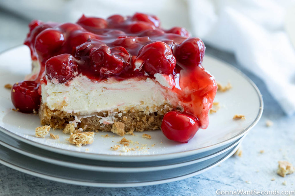 A slice of Cherry Delight recipe on a dessert plate