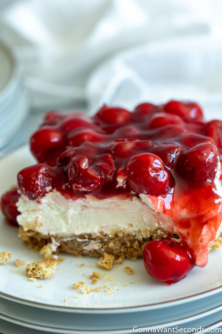 A slice of Cherry Delight recipe on a dessert plate