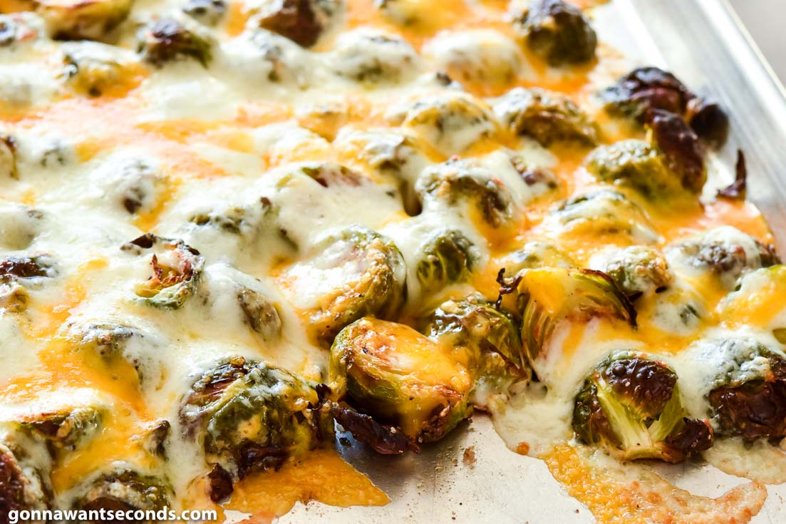 Cheesy Roasted Brussels Sprouts on a sheet pan