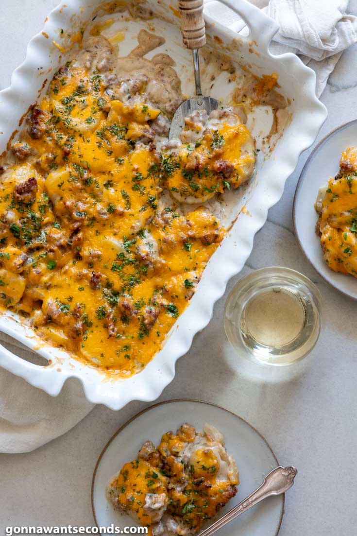Sausage Potato Casserole in a dish and on a plate
