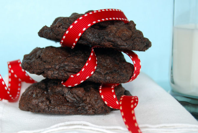 Chunky Chocolate Gobs stack on top of each other, with red ribbon design