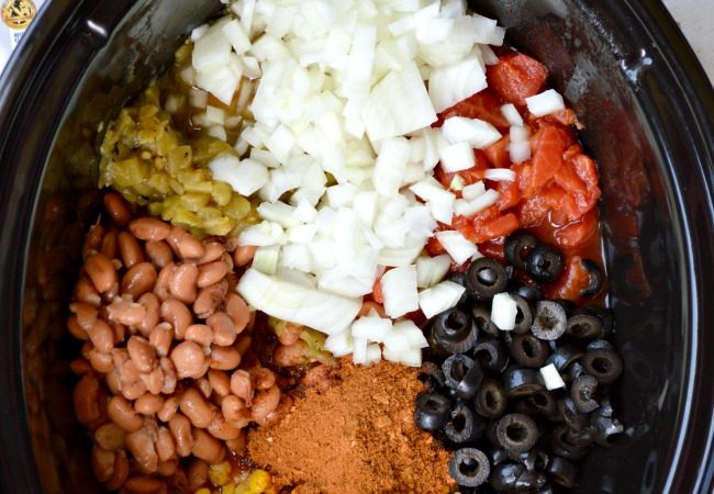 Mexican Cream Cheese Crock Pot Chicken ingredients in a crockpot