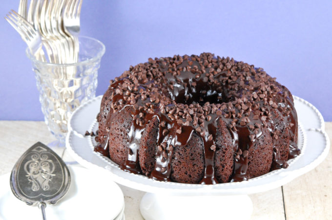 Chocolate Chocolate Chip Cake on a cake stand