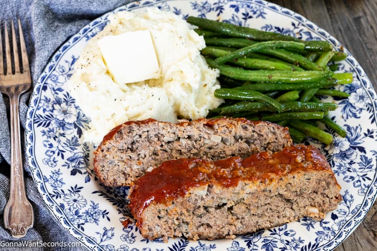 southern brown sugar meatloaf with mashed potatoes and green beans on a plate
