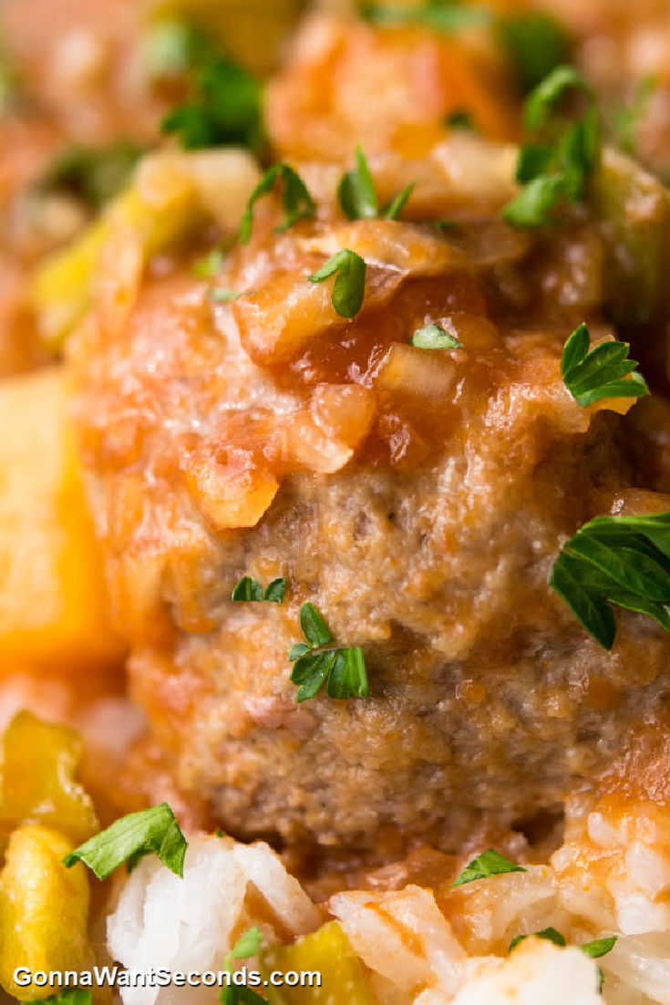 sweet and sour meatballs with pineapple, close up