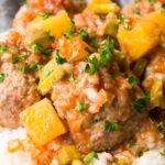 Sweet and Sour Meatballs on top of rice