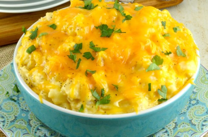 Crockpot Cheesy Potato in a blue bowl