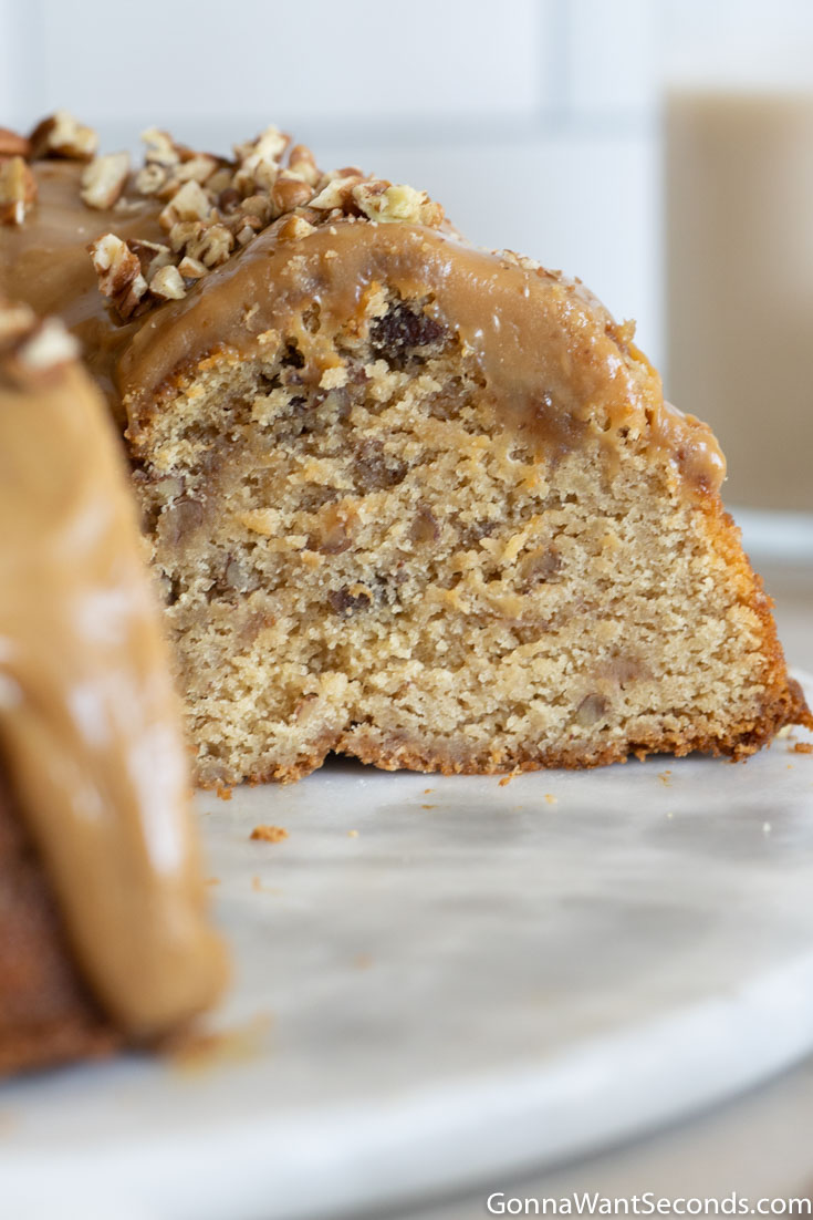 brown sugar pound cake with pecans on top