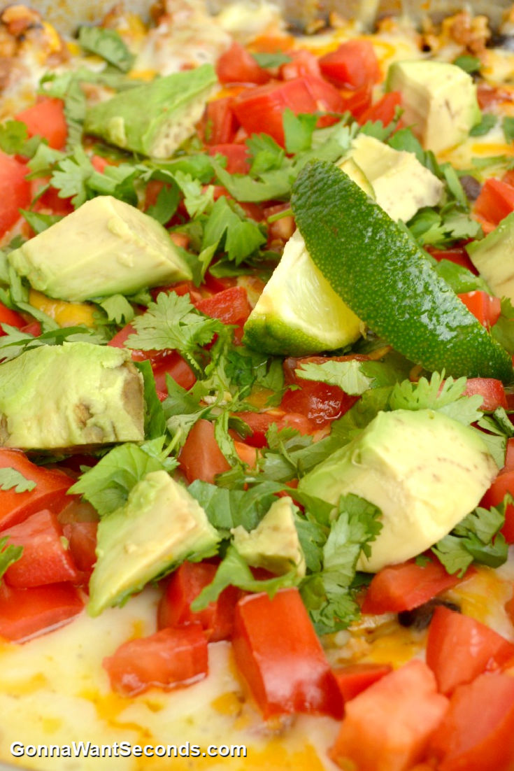 One Pot Burrito Bowl topped with chopped avocados and tomatoes