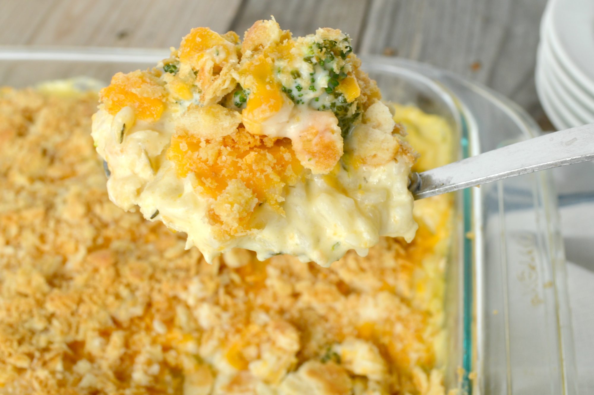 Chicken Broccoli Rice Casserole scooped from baking dish