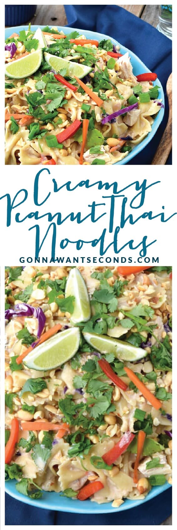 Creamy Peanut Thai Noodles-This is my family's all-time favorite pasta dish. It's smothered in an amazing Thai inspired peanut sauce and loaded with chunks of chicken and lots of fresh, tender veggies. Everything is more delicious with peanut sauce! 