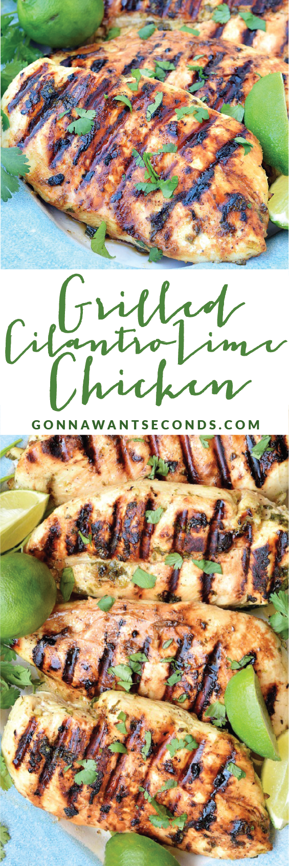 Grilled Cilantro Lime Chicken-This chicken is marinated in a zesty combo of fresh lime juice, garlic and cilantro. The flavors are refreshingly delicious and really permeate the chicken. It's also the perfect chicken to use in tacos or in a salad!