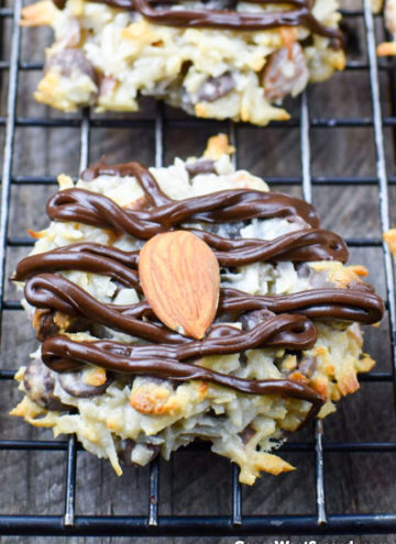 almond joy chocolate cookies on a cooling rack