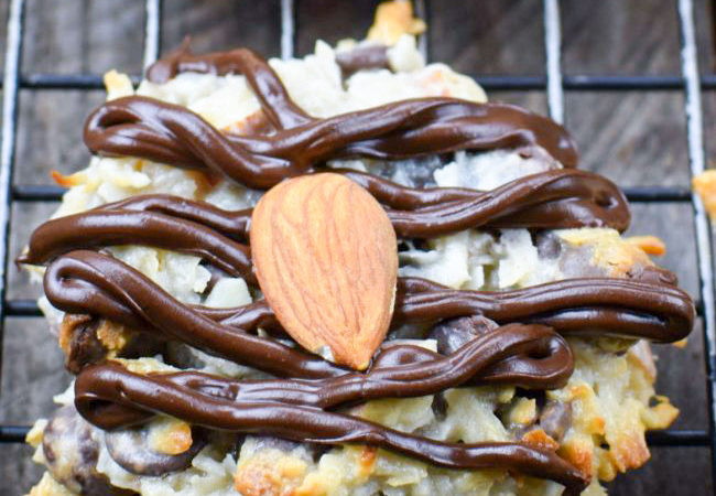 almond joy chocolate cookies on a cooling rack