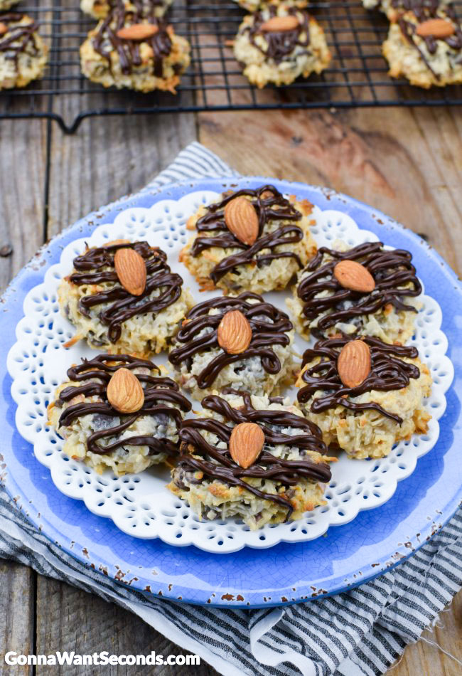 almond joy chocolate chip cookies recipe on a fancy white plate