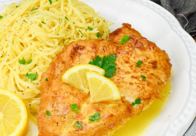 Chicken Francaise with pasta on the side