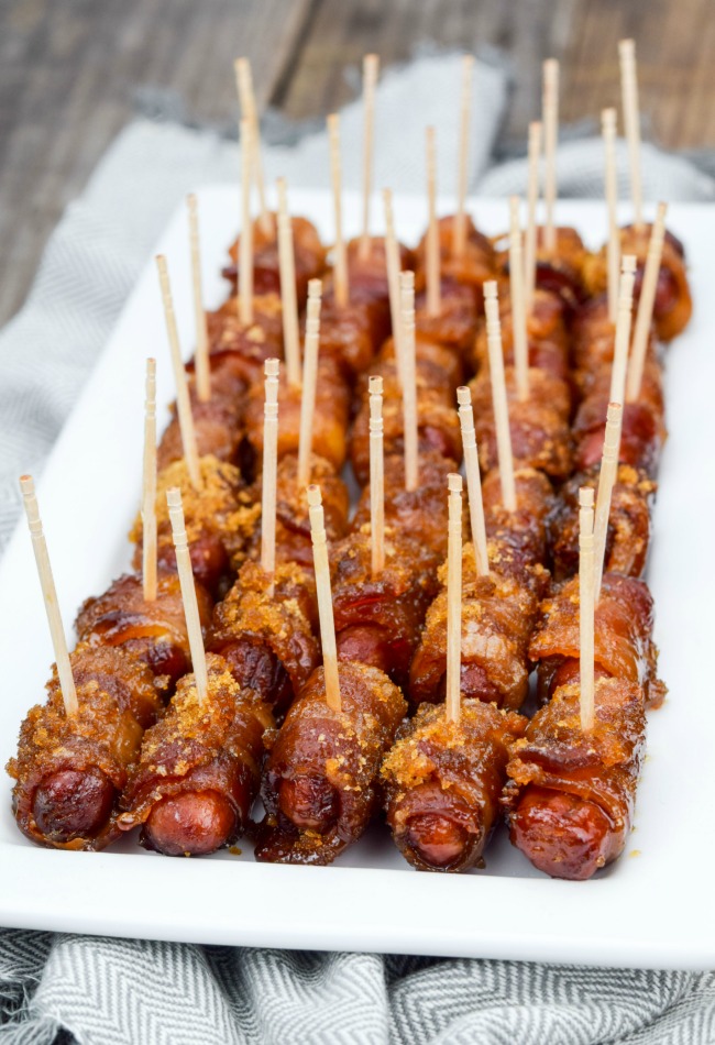 Bacon Wrapped Smokies with toothpicks, on a platter