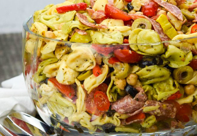 Tortellini salad in a big bowl
