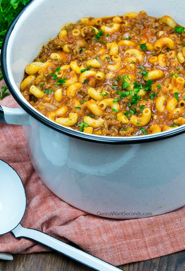 American Chop Suey in an white enamel pot