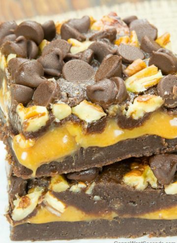 Caramel Stuffed Brownies stacked on top of each other