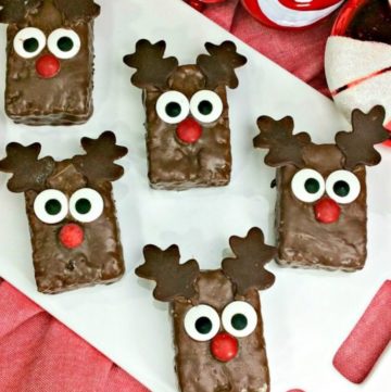 Reindeer Rice Krispies treats on a rectangle serving plate