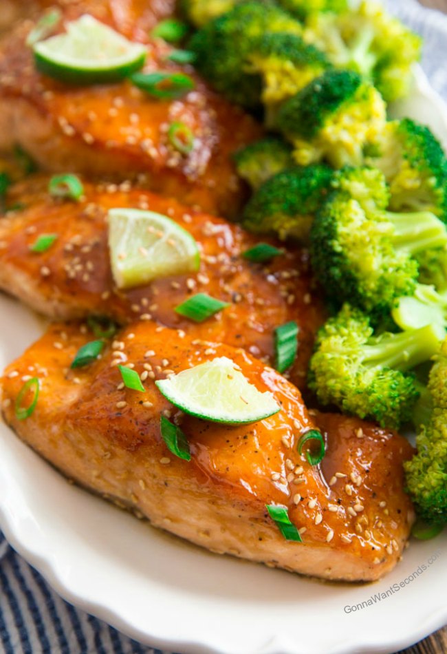 Honey Glazed Salmon on White Platter with Broccoli Florets on the side