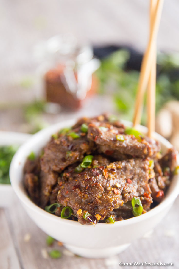 Hunan Beef Recipe in White Bowl with chopsticks