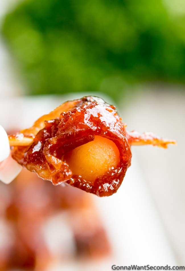 Close up of a Single Bacon Wrapped Water Chestnut