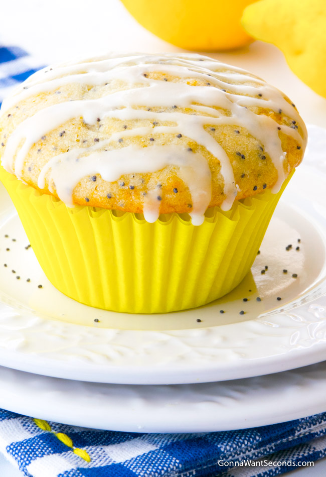 Lemon Poppy Seed Muffin on a white plate.