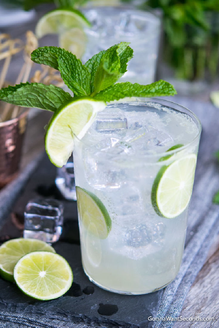 a glass of lime rickey with ice, garnished with lime wedgest and mint leaves