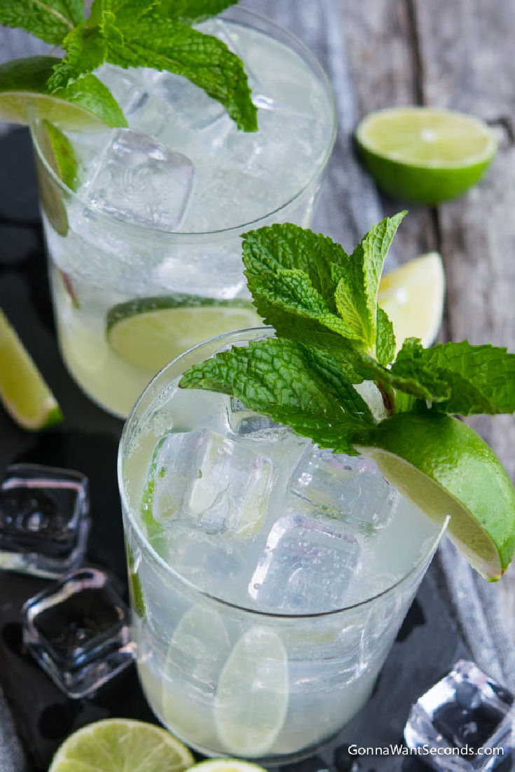 glasses of lime rickey with ice, garnished with lime wedgest and mint leaves