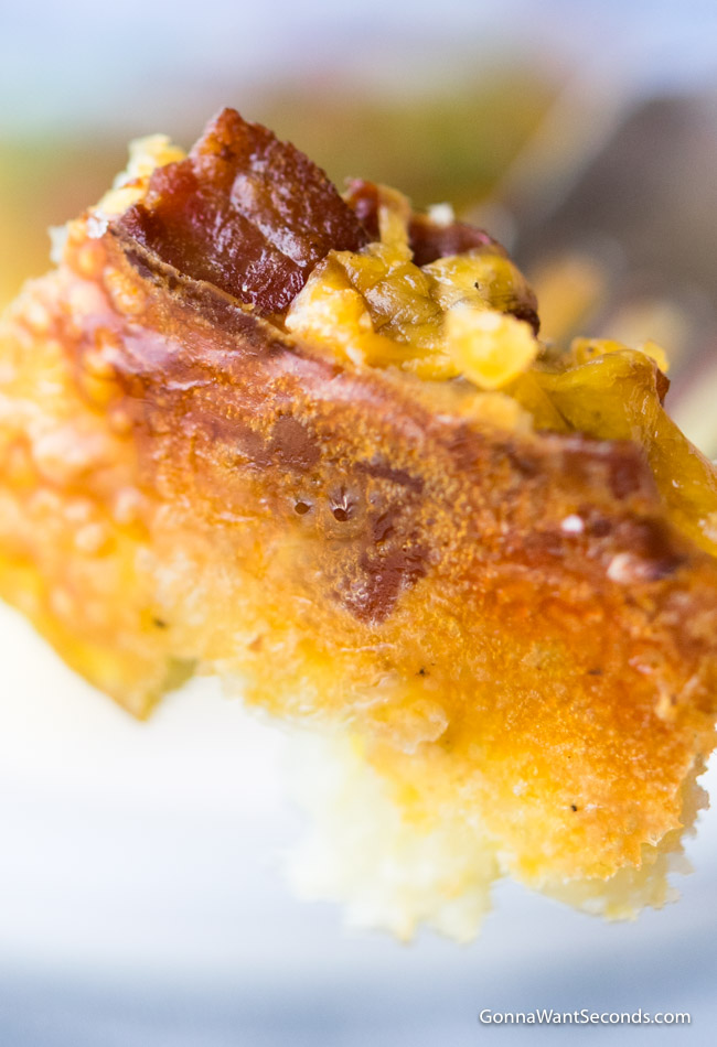 Close up, easy tater tot breakfast casserole on a fork
