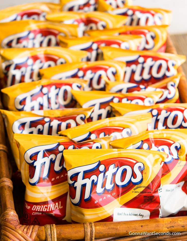 Bags of Fritos in a rectangular woven basket