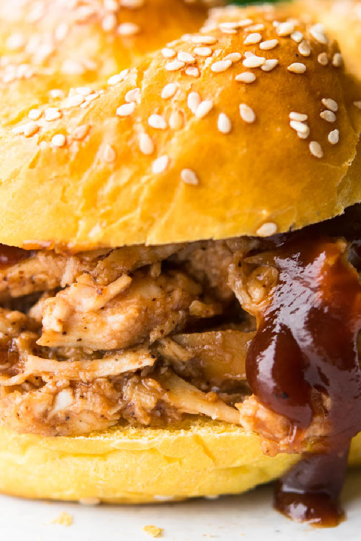 crockpot BBQ pulled chicken with sauce close up