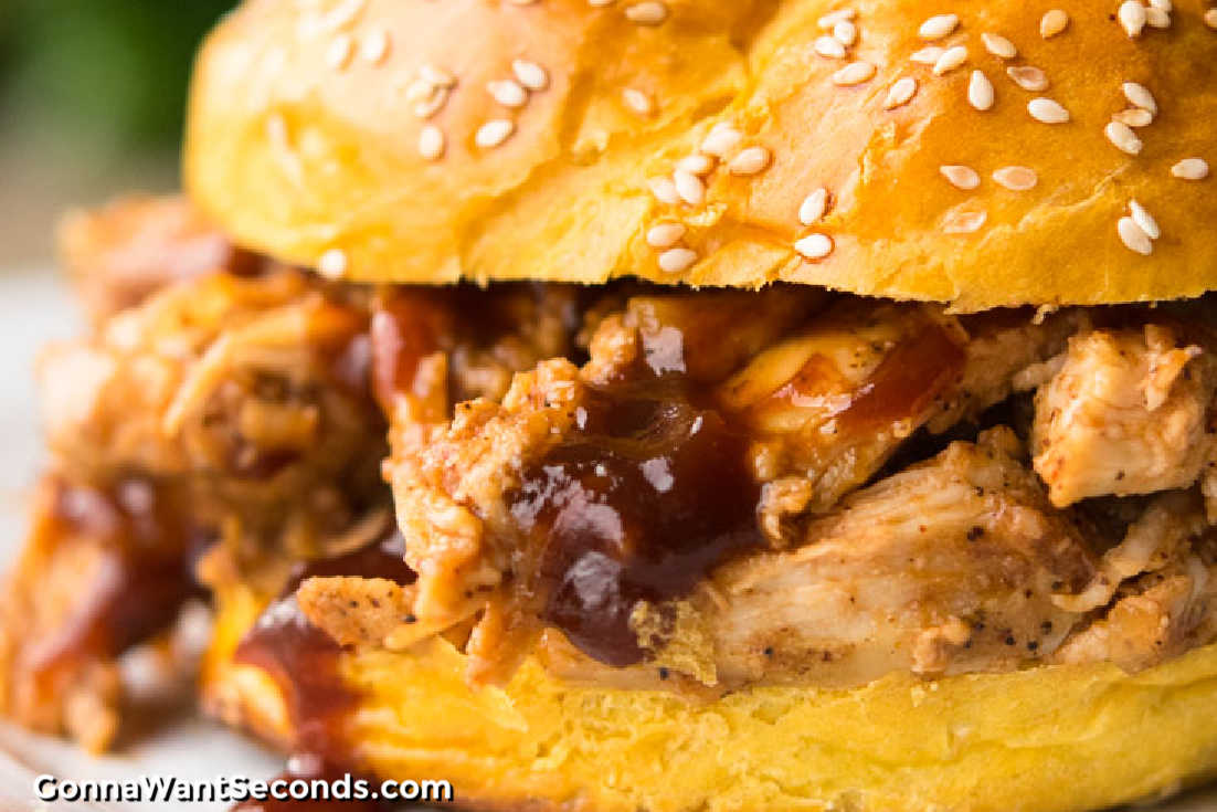 bbq pulled chicken sandwich with sauce, close up