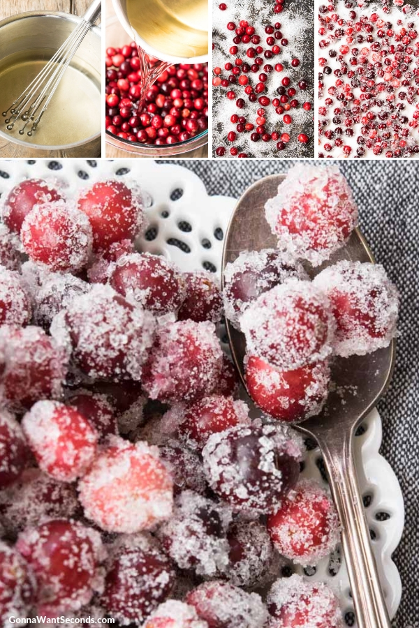 Sugared Cranberries on a plate with spoon on the side