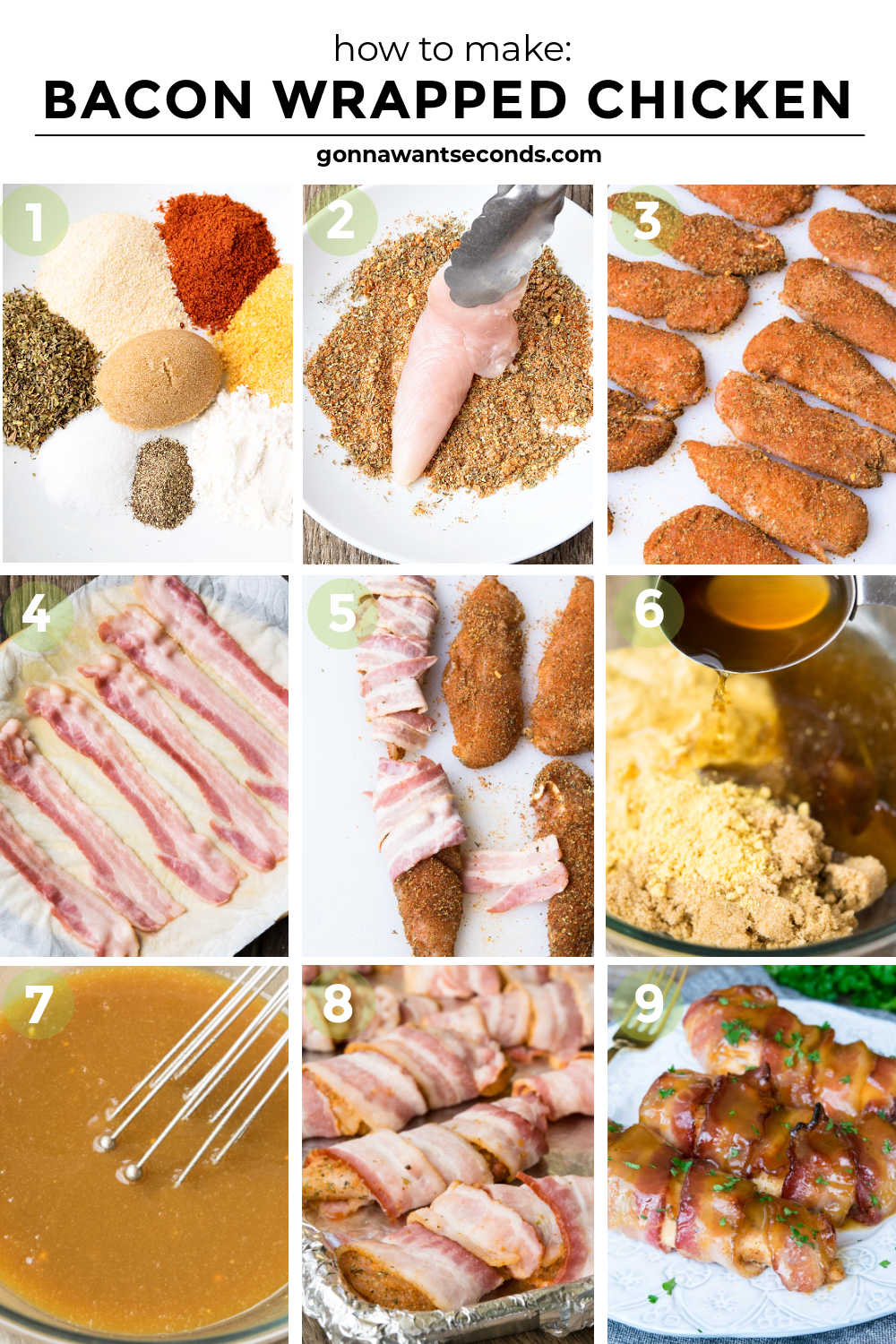 Our Bacon Wrapped Chicken is sweet, smokey and crazy delish! A great appetizer and a family favorite for dinner! It's Over The Top with an amazing sauce! #baconwrappedchicken #baconchicken step by step how to make bacon wrapped chicken