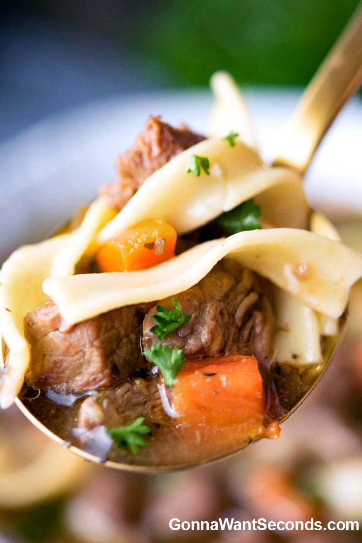 Beef Noodle Soup on a spoon, close up