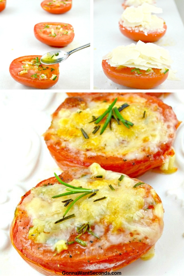 Baked Tomatoes topped with parmesan cheese, garnished with rosemary