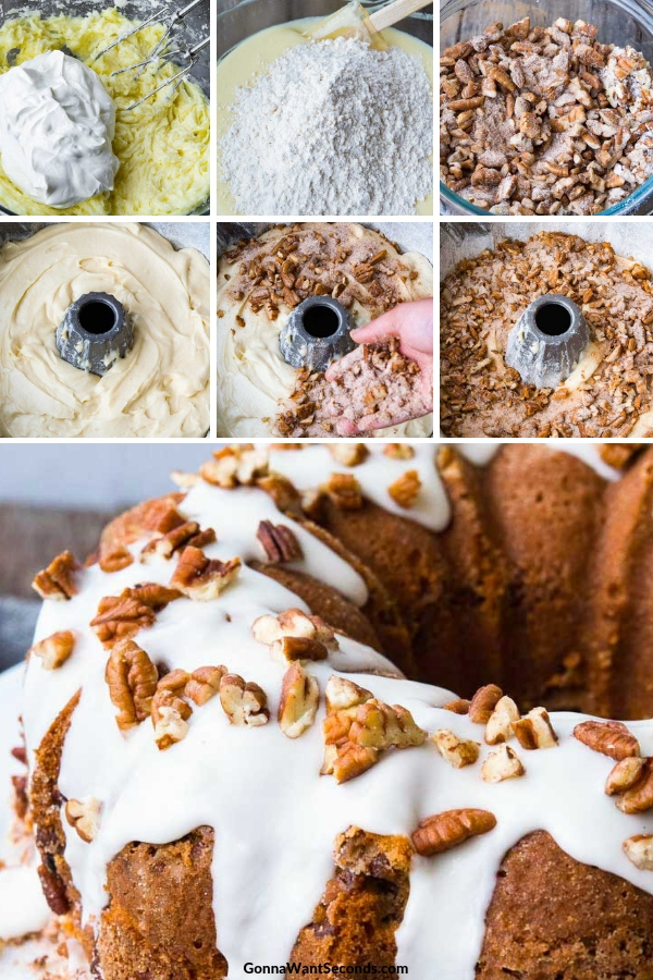 Sour cream coffee cake with glaze on top, garnished with chopped pecans
