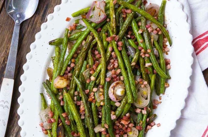 Roasted Green Beans on an oval serving plate