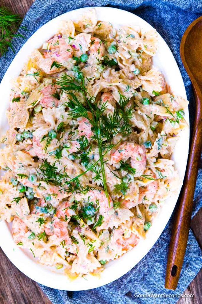 Shrimp Pasta Salad on a serving platter