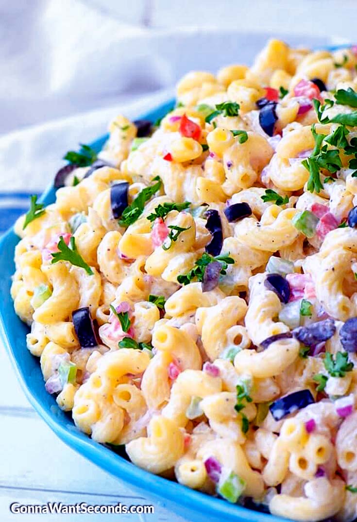 Classic Macaroni Salad in a blue shallow bowl
