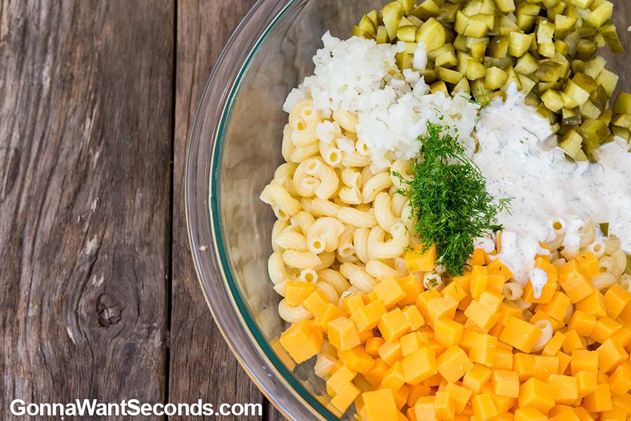 Dill Pickle Pasta Salad ingredients in a bowl