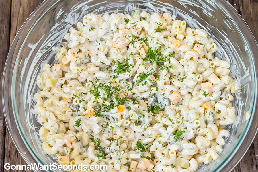 Dill Pickle Pasta Salad in a bowl
